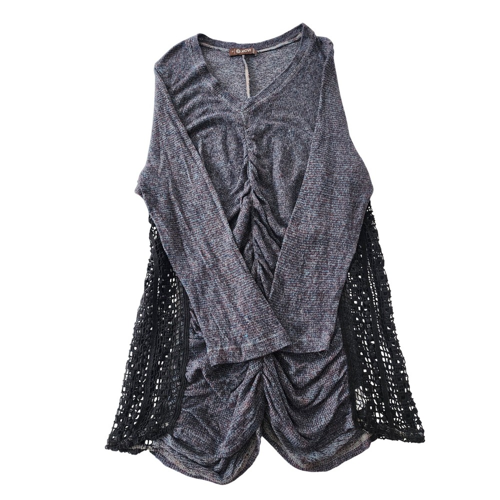 XCVII Women's Gray Crochet Lace Detail V Neck‎ Ruched Long Sleeve Top Size L